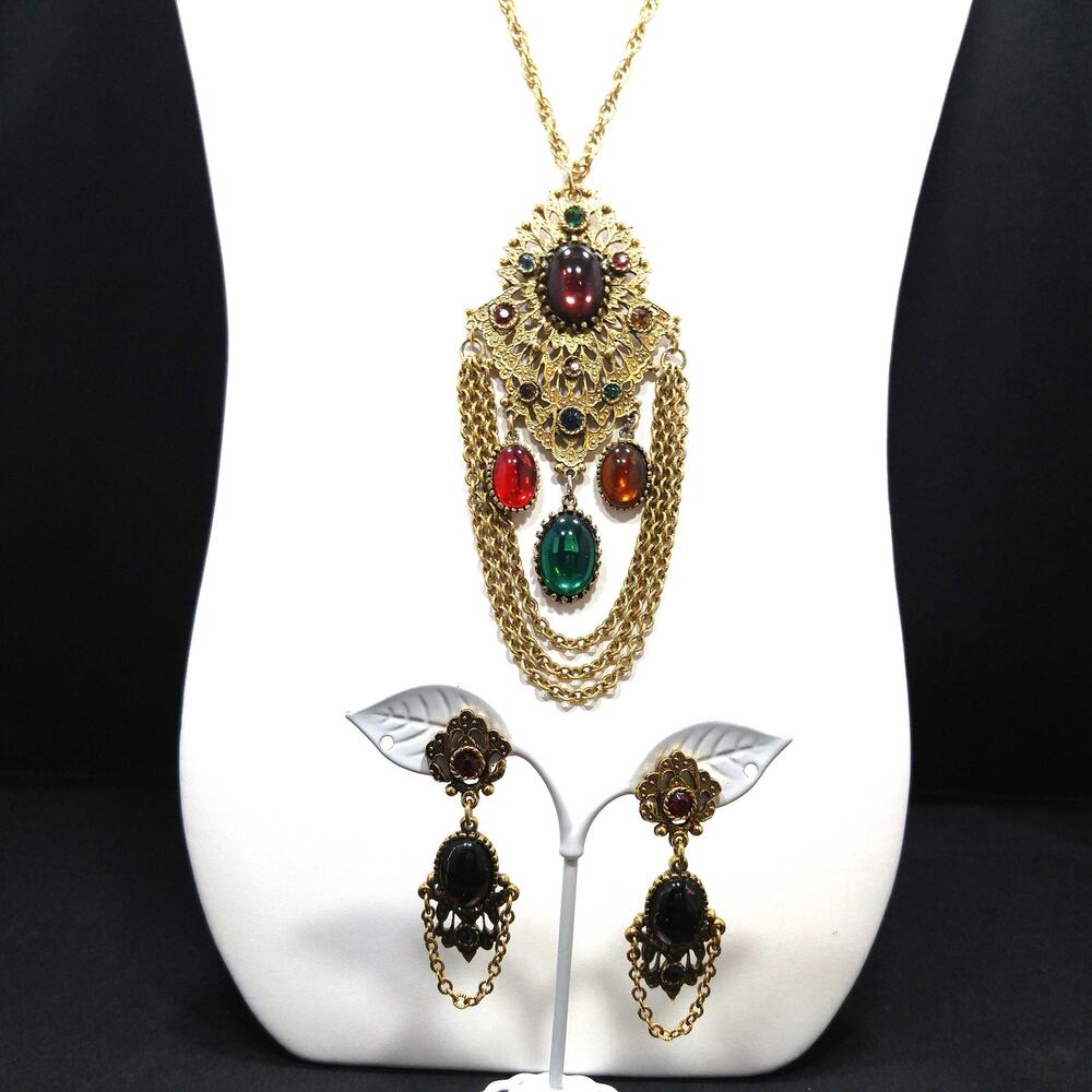 Vintage Art Deco Style Multicolor Cabochon Pendant Necklace Earring Set 1960s